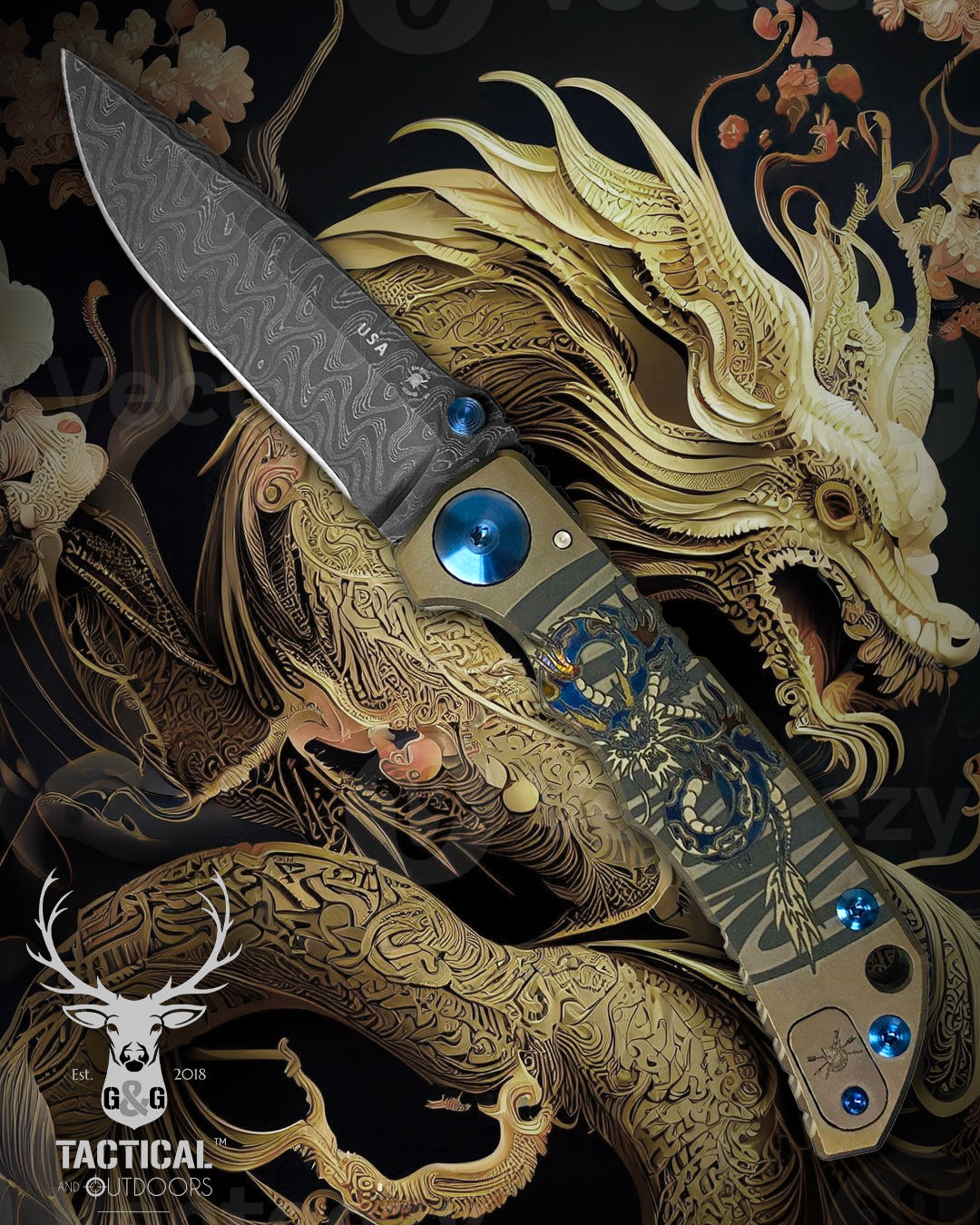 Spartan Blades SF5 DRAGON Damascus SHF Dragon Harsey Folding Knife 3.95" Damascus Blade, Titanium Handles