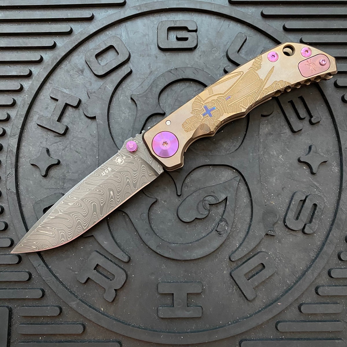 Spartan Blades Harsey Folder - Crusader Theme, Chad Nichols Damascus Blade, Purple Hardware Knife