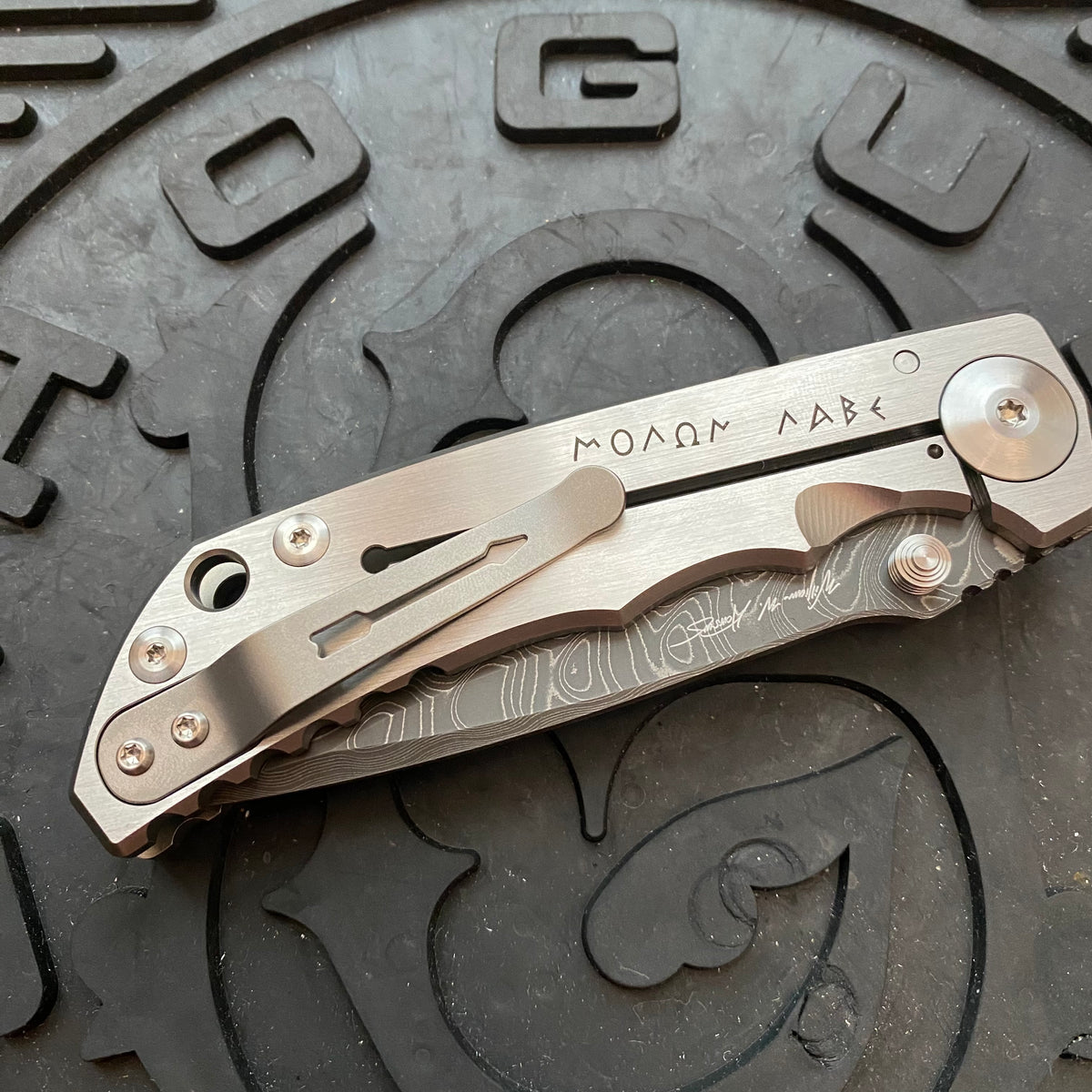 Spartan Blades Harsey Folder - Valkryie Theme, Chad Nichols Damascus Blade, Satin Hardware Knife