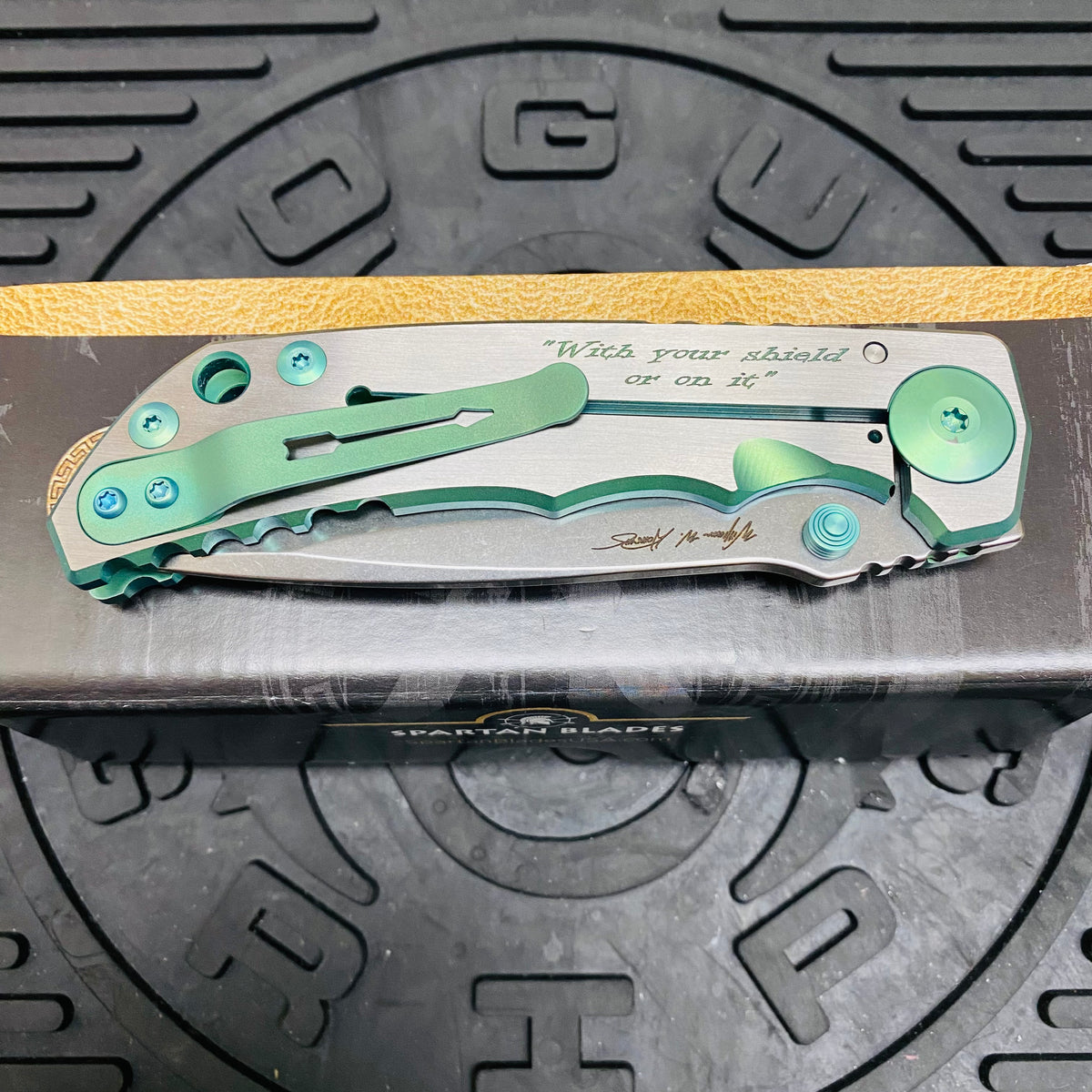 Spartan Blades Harsey Folder - GREEN Shield with Green Stone, Magnacut Blade, Green ANO Hardware Knife