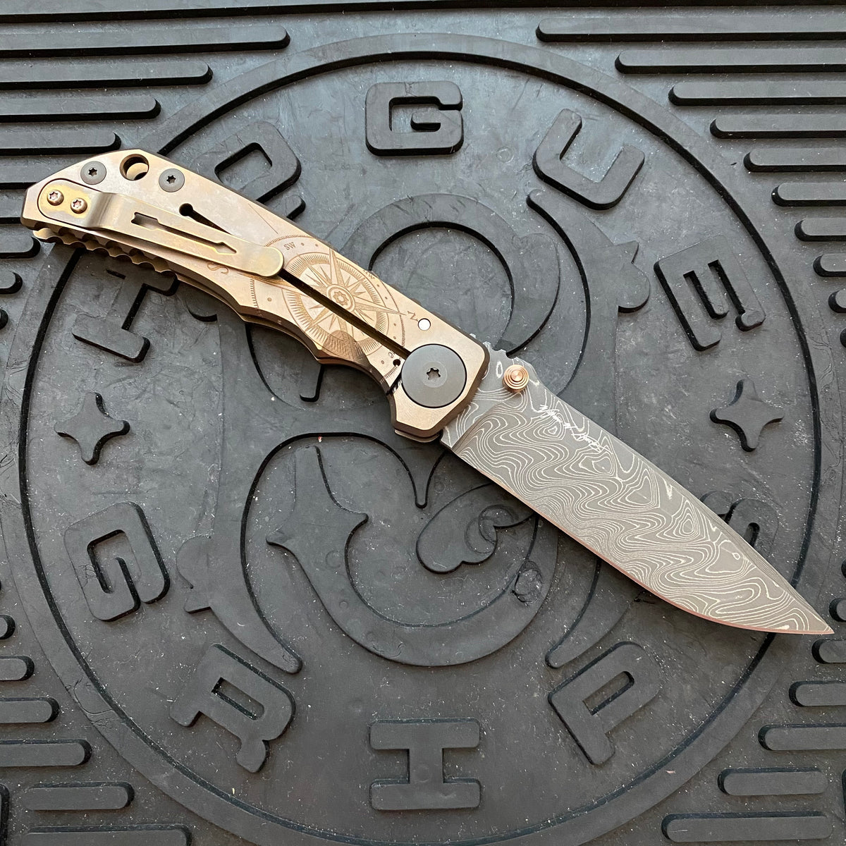 Spartan Blades Harsey Folder - Bronze Compass Theme, Chad Nichols Damascus Blade, PVD ANO Hardware Knife