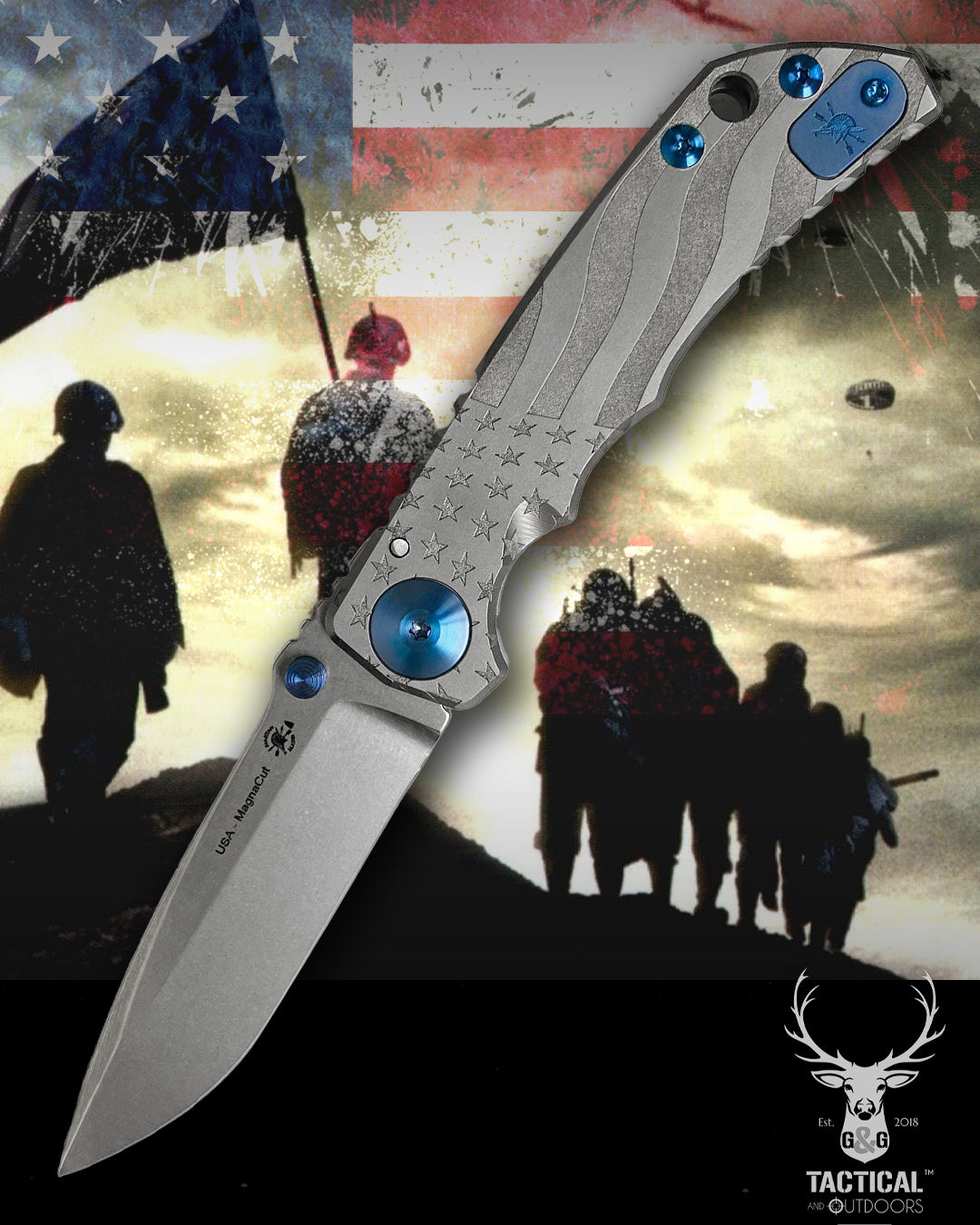 Spartan Blades Harsey Folder - Gray American Waving Flag Satin Magnacut Blade, Blue ANO Hardware Knife