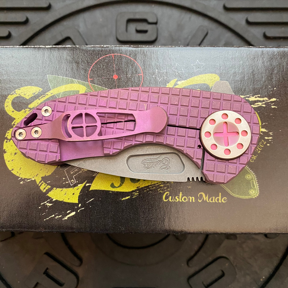 Curtiss Custom Knives F3 Compact Frame Lock, 2.5" Spanto Magnacut Blasted Blade FLIPPER, Frag-Mill Pink Pattern Handles, Knife