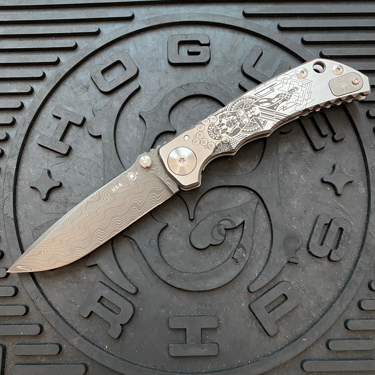 Spartan Blades Harsey Folder - Valkryie Theme, Chad Nichols Damascus Blade, Satin Hardware Knife