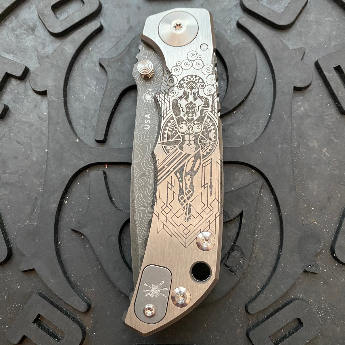 Spartan Blades Harsey Folder - Valkryie Theme, Chad Nichols Damascus Blade, Satin Hardware Knife