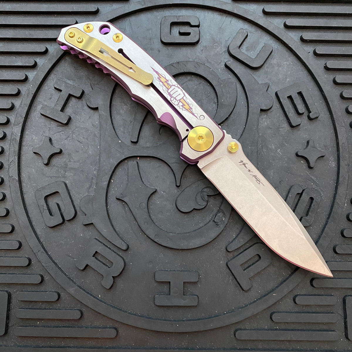 Spartan Blades Harsey Folder - Zeus 2023 Theme, Stonewash Magnacut Blade, Bronze ANO Hardware Knife