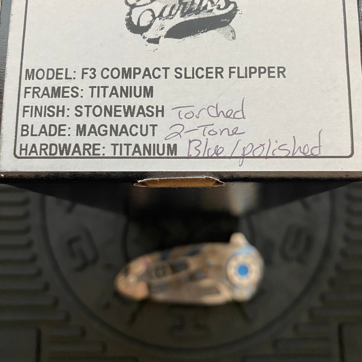 Curtiss Custom Knives F3 Compact Frame Lock, 2.5" Slicer Magnacut Blade FLIPPER, Torched Handles, Blue Hardware Knife