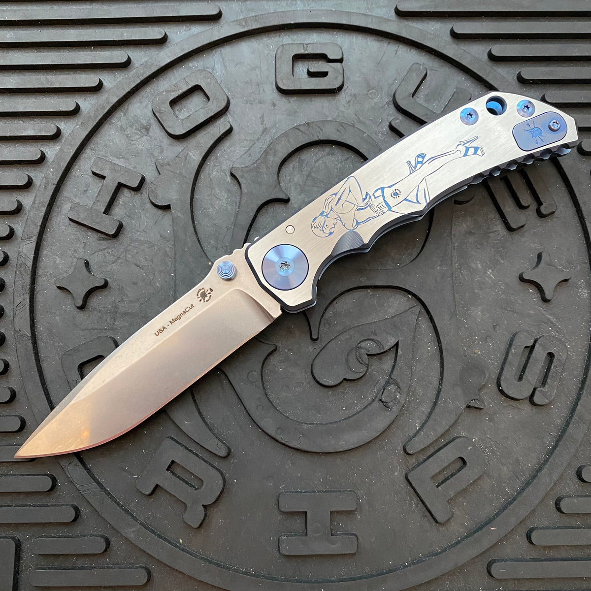 Spartan Blades Harsey Folder - Pin Up Girl Theme, Stonewash Magnacut Blade, Blue ANO Hardware Knife