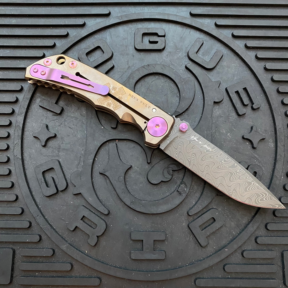 Spartan Blades Harsey Folder - Crusader Theme, Chad Nichols Damascus Blade, Purple Hardware Knife
