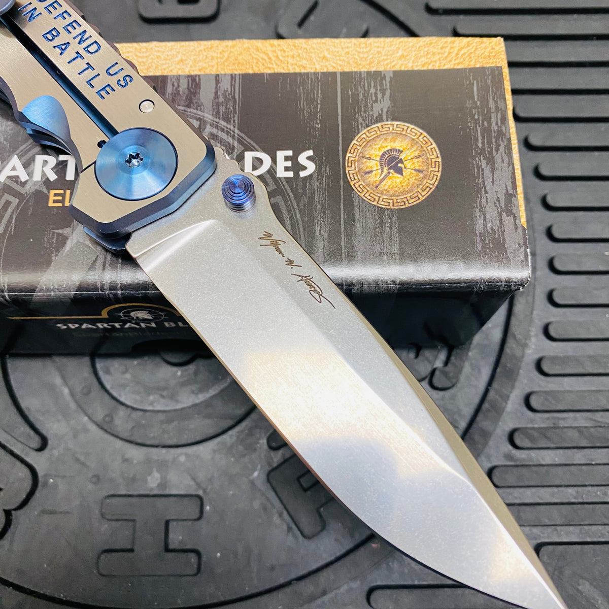 Spartan Blades Harsey Folder - BLUE Saint Michael, Magnacut Blade, Blue ANO Hardware Knife