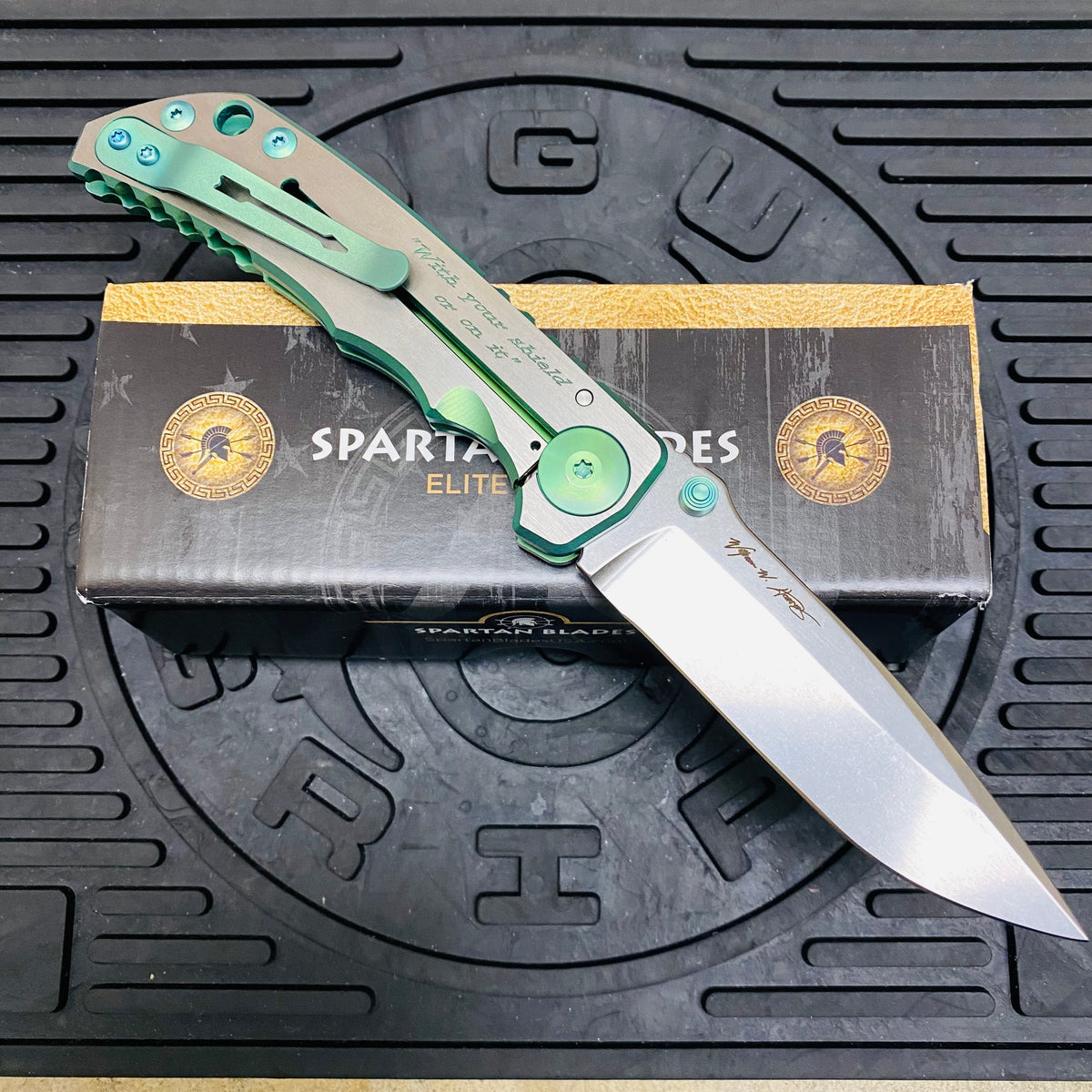 Spartan Blades Harsey Folder - GREEN Shield with Green Stone, Magnacut Blade, Green ANO Hardware Knife