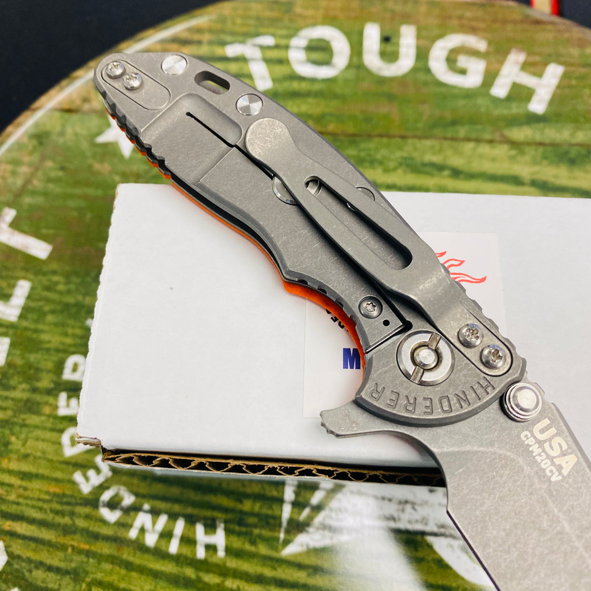 Rick Hinderer XM-18 3.0" Spanto, Tri-Way, Working Finish, Orange G10 Knife
