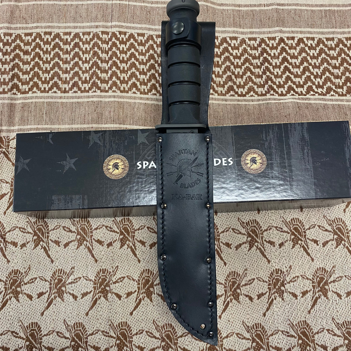Spartan KA-Bar 7" CPM MagnaCut Black Fixed Blade Knife with Black Leather Sheath SB54BKBKLTBK