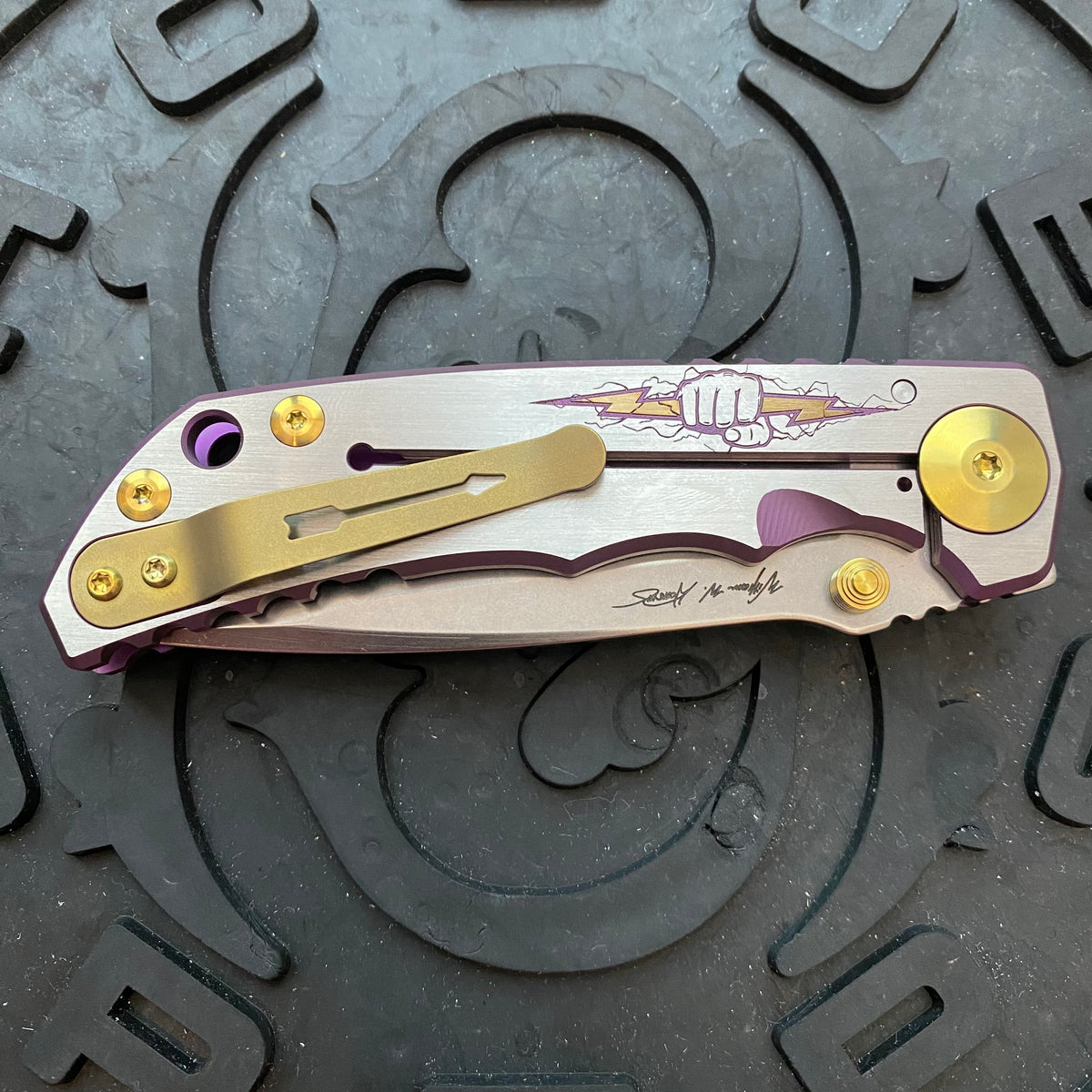 Spartan Blades Harsey Folder - Zeus 2023 Theme, Stonewash Magnacut Blade, Bronze ANO Hardware Knife