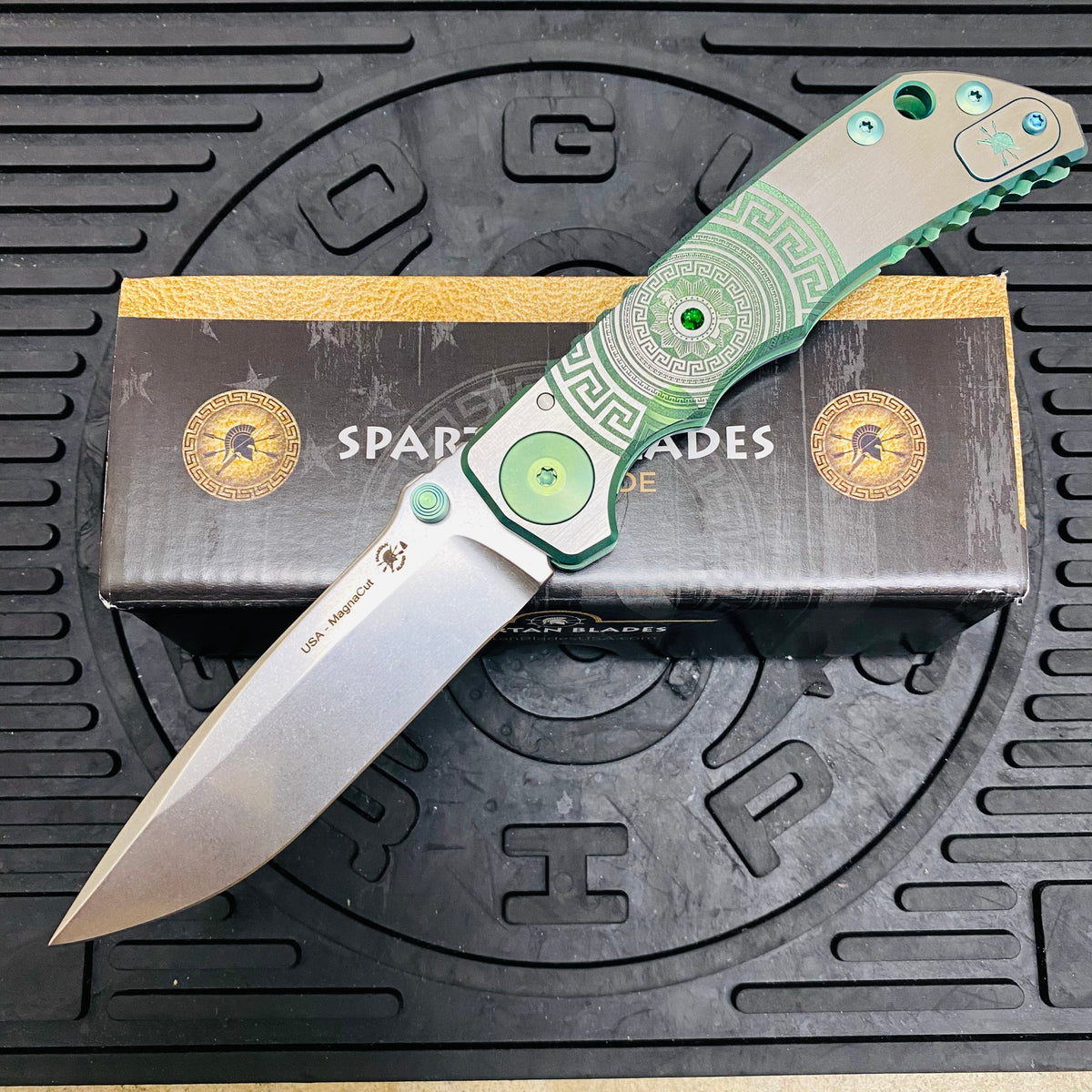 Spartan Blades Harsey Folder - GREEN Shield with Green Stone, Magnacut Blade, Green ANO Hardware Knife
