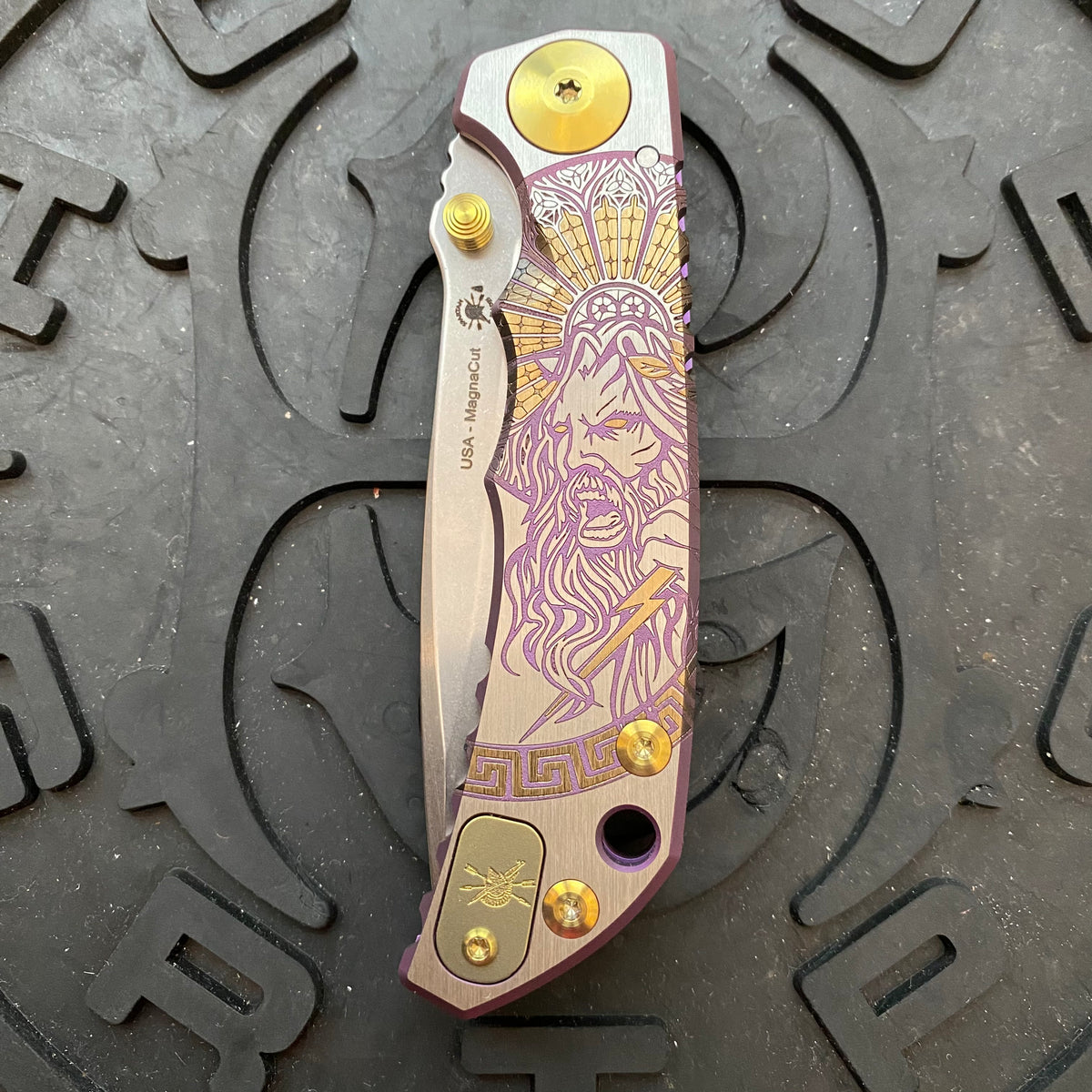 Spartan Blades Harsey Folder - Zeus 2023 Theme, Stonewash Magnacut Blade, Bronze ANO Hardware Knife