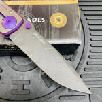 Spartan Blades Harsey Folder - PURPLE Shield with Purple Stone, Chad Nichols Damascus Blade, Purple ANO Hardware Knife