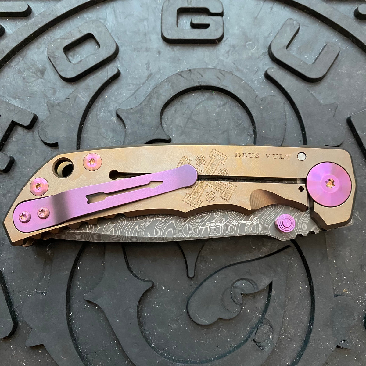 Spartan Blades Harsey Folder - Crusader Theme, Chad Nichols Damascus Blade, Purple Hardware Knife
