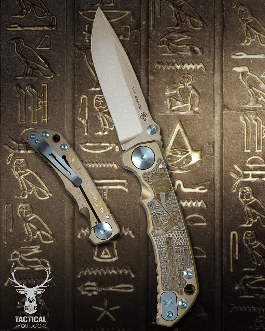 Spartan Blades Harsey Folder - King Tut Theme, Stonewash Magnacut 4" Blade, Blue ANO Hardware Knife