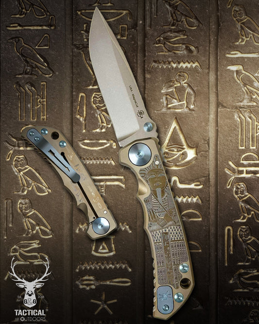 Spartan Blades Harsey Folder - King Tut Theme, Stonewash Magnacut 4" Blade, Blue ANO Hardware Knife