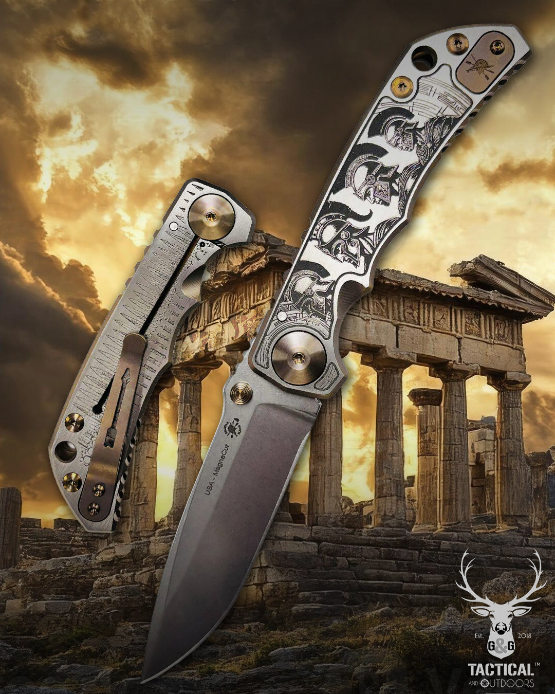 Spartan Blades Harsey Folder - Marching Spartans Theme, Stonewash Magnacut 4" Blade, Bronze ANO Hardware Knife