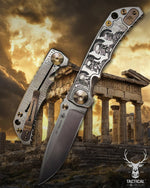 Spartan Blades Harsey Folder - Marching Spartans Theme, Stonewash Magnacut 4" Blade, Bronze ANO Hardware Knife