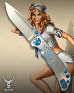 Spartan Blades Harsey Folder - Pin Up Girl Theme, Stonewash Magnacut Blade, Blue ANO Hardware Knife