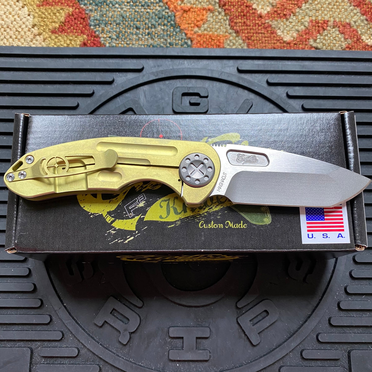 Curtiss Custom F3 Medium 3.25" Spanto NON-Flipper, Yellow Titanium Ball-Mill, Stonewash Magnacut Folding Knife
