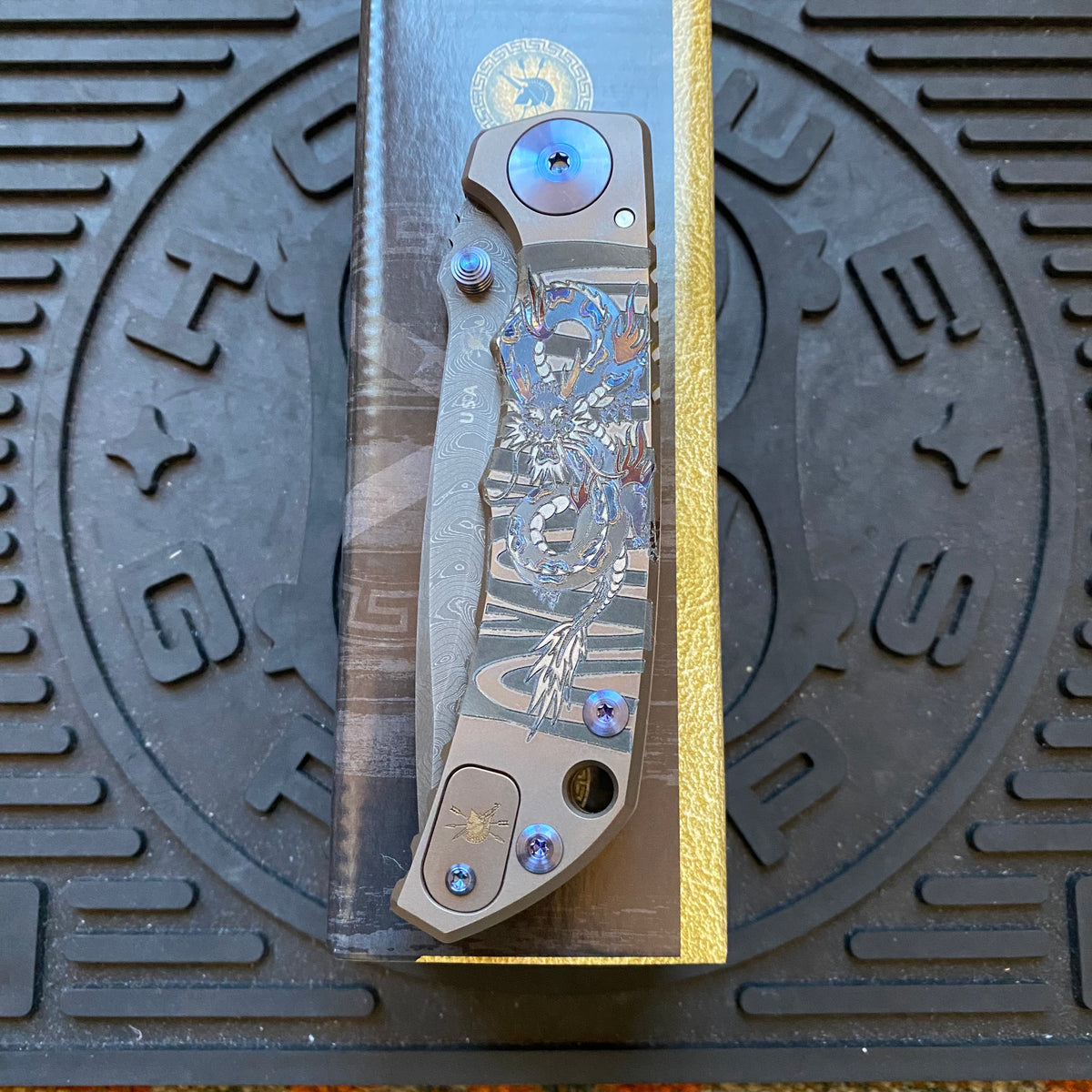 Spartan Blades SF5 DRAGON Damascus SHF Dragon Harsey Folding Knife 3.95" Damascus Blade, Titanium Handles