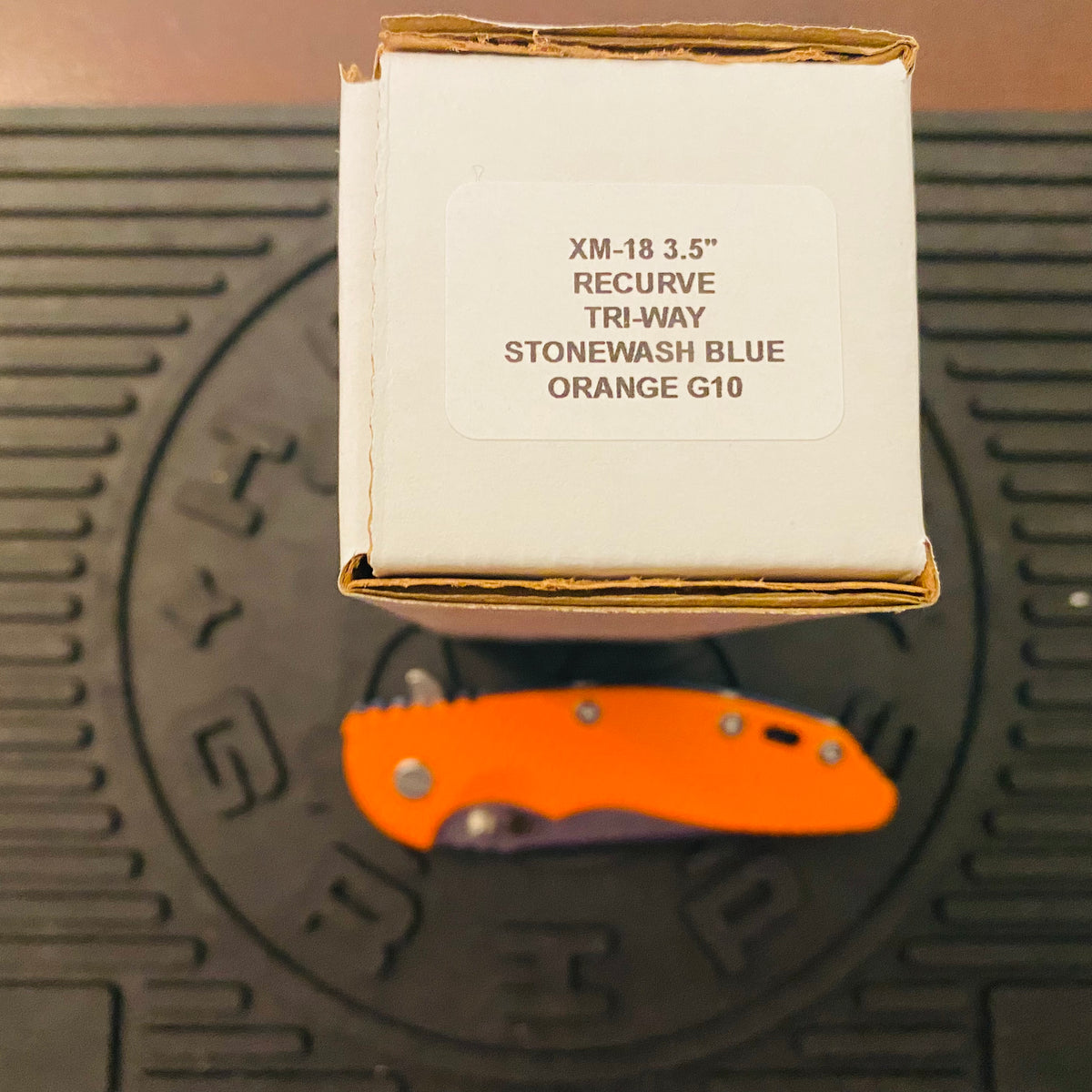 Rick Hinderer XM-18 3.5″ Recurve Tri-Way Stonewash Blue Orange G10 Folding Knife