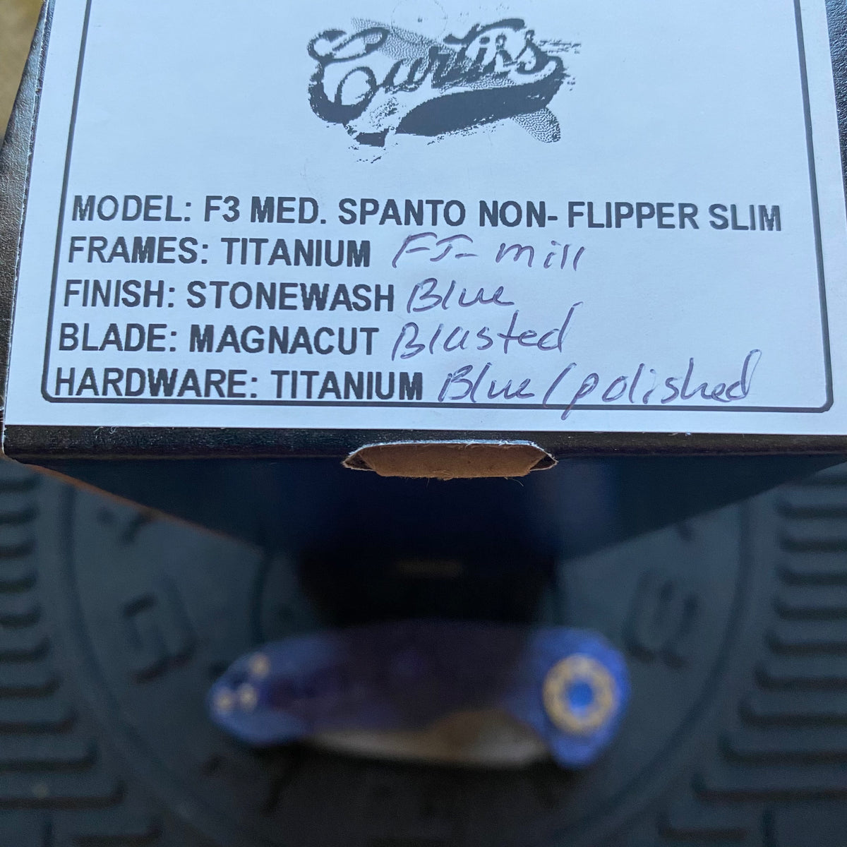 Curtiss Custom F3 Medium SLIM 3.25" Spanto NON-Flipper, FJ-Mill Blue ANO, Blasted Magnacut Folding Knife