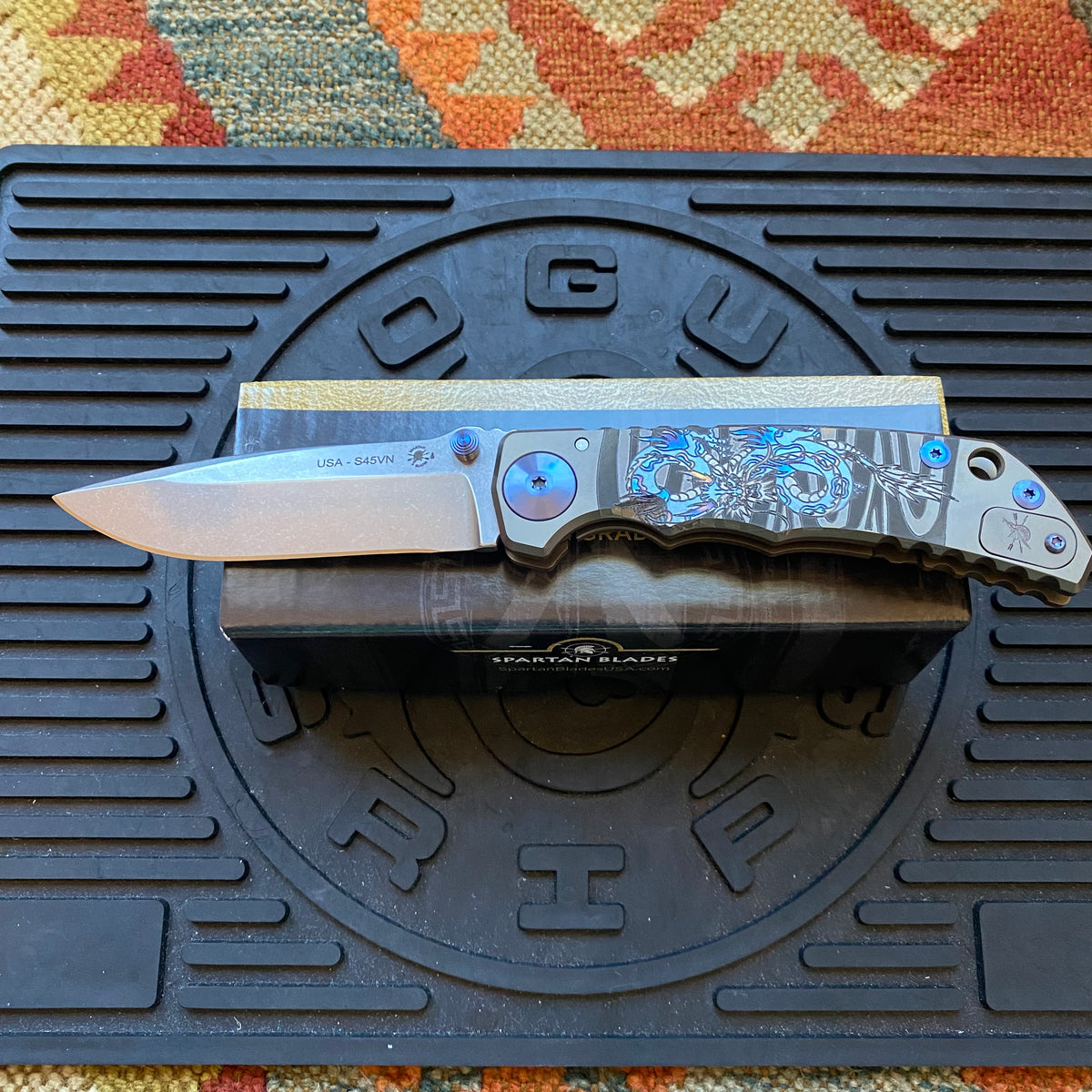 Spartan Blades SF5DRAGON SHF Dragon Harsey Folding Knife 3.95" S45VN Stonewashed Plain Blade, Titanium Handles