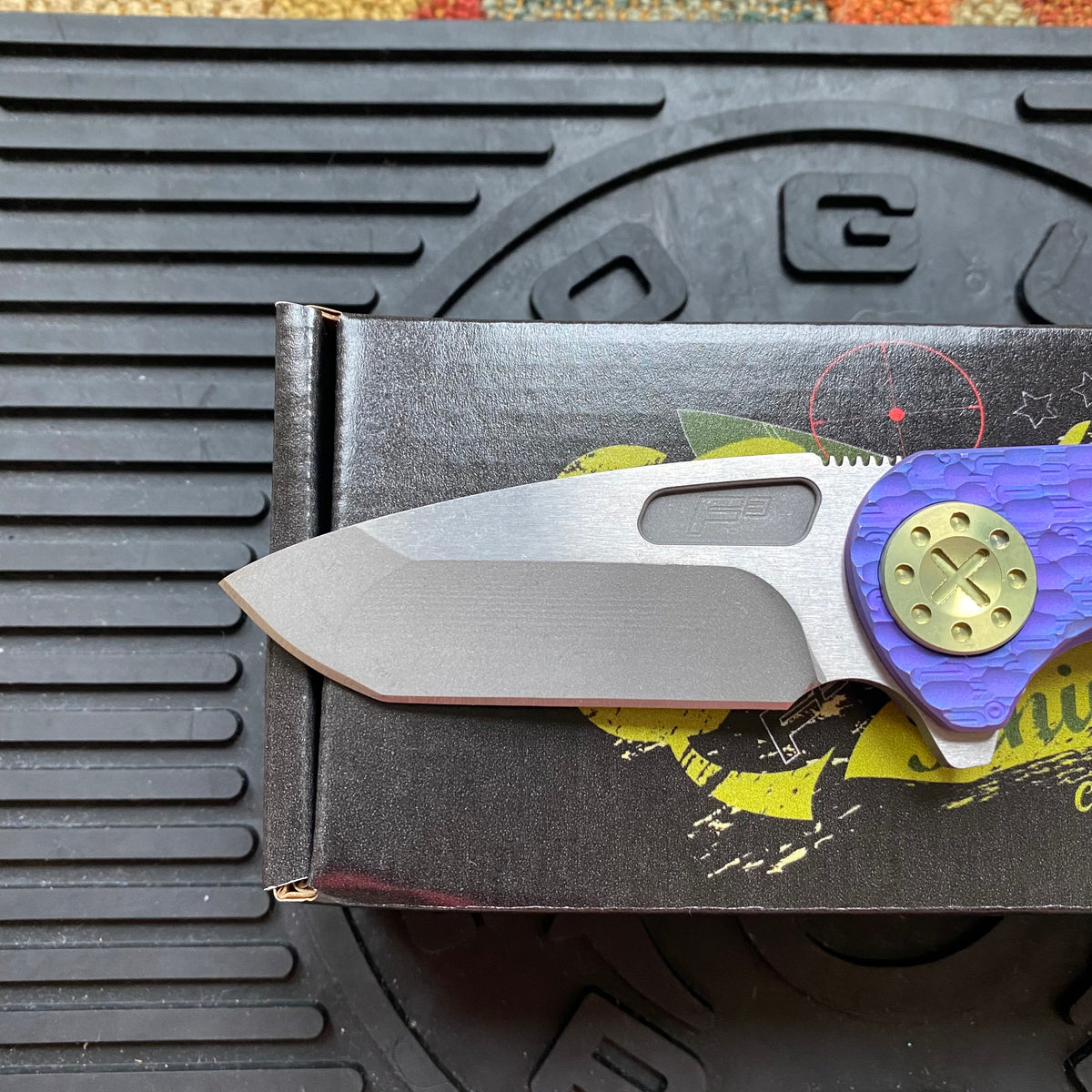 Curtiss Custom F3 Medium 3" Spanto Flipper, Purple Titanium FJ-Mill "Dragon Scale", Stonewash Magnacut, Yellow Titanium Hardware Folding Knife
