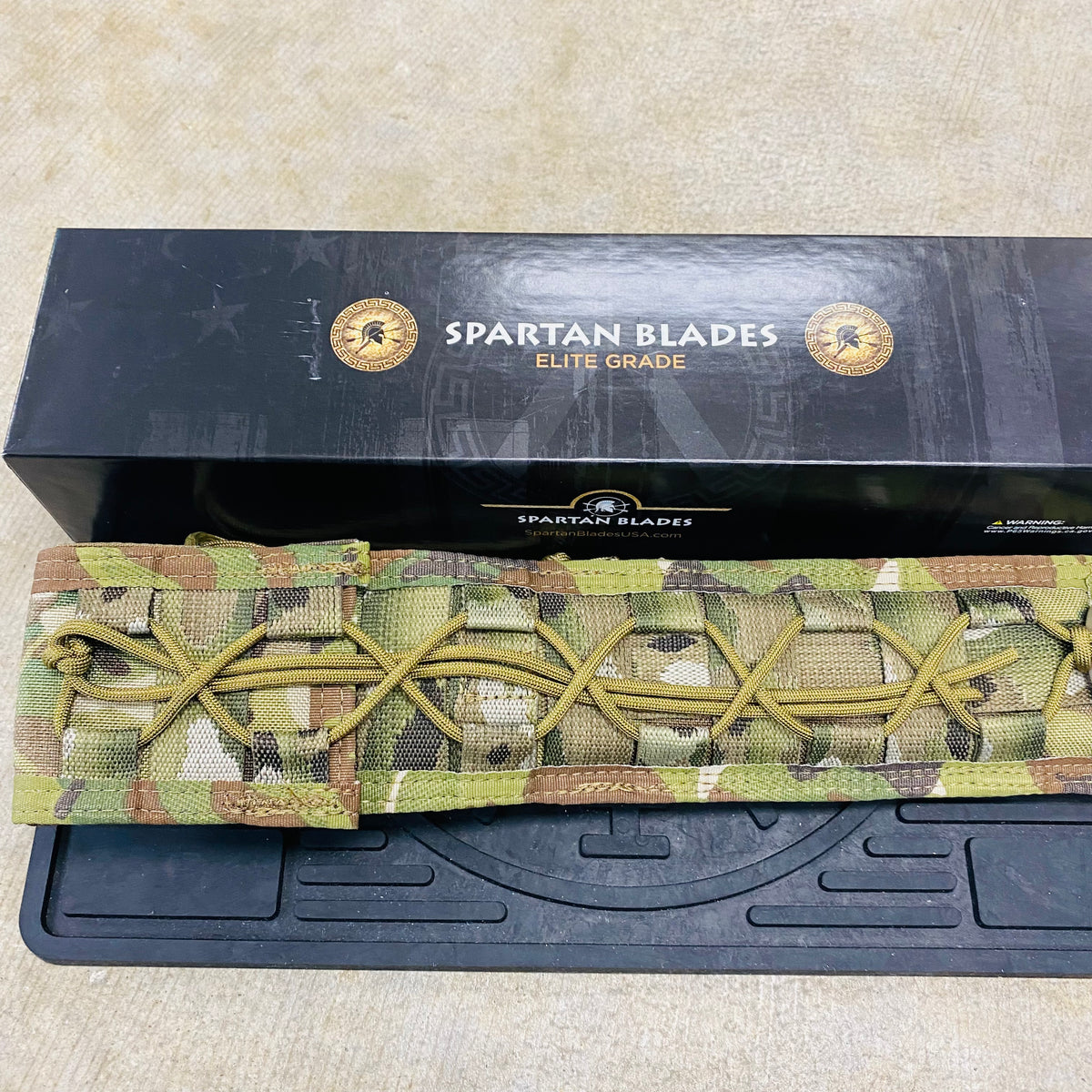 Spartan Blades Horkos Flat Hard Earth 5.6" Fixed Blade Knife CE Canvas Micarta Black Handle with MultiCam Molle Sheath SB4DEBKNLMC