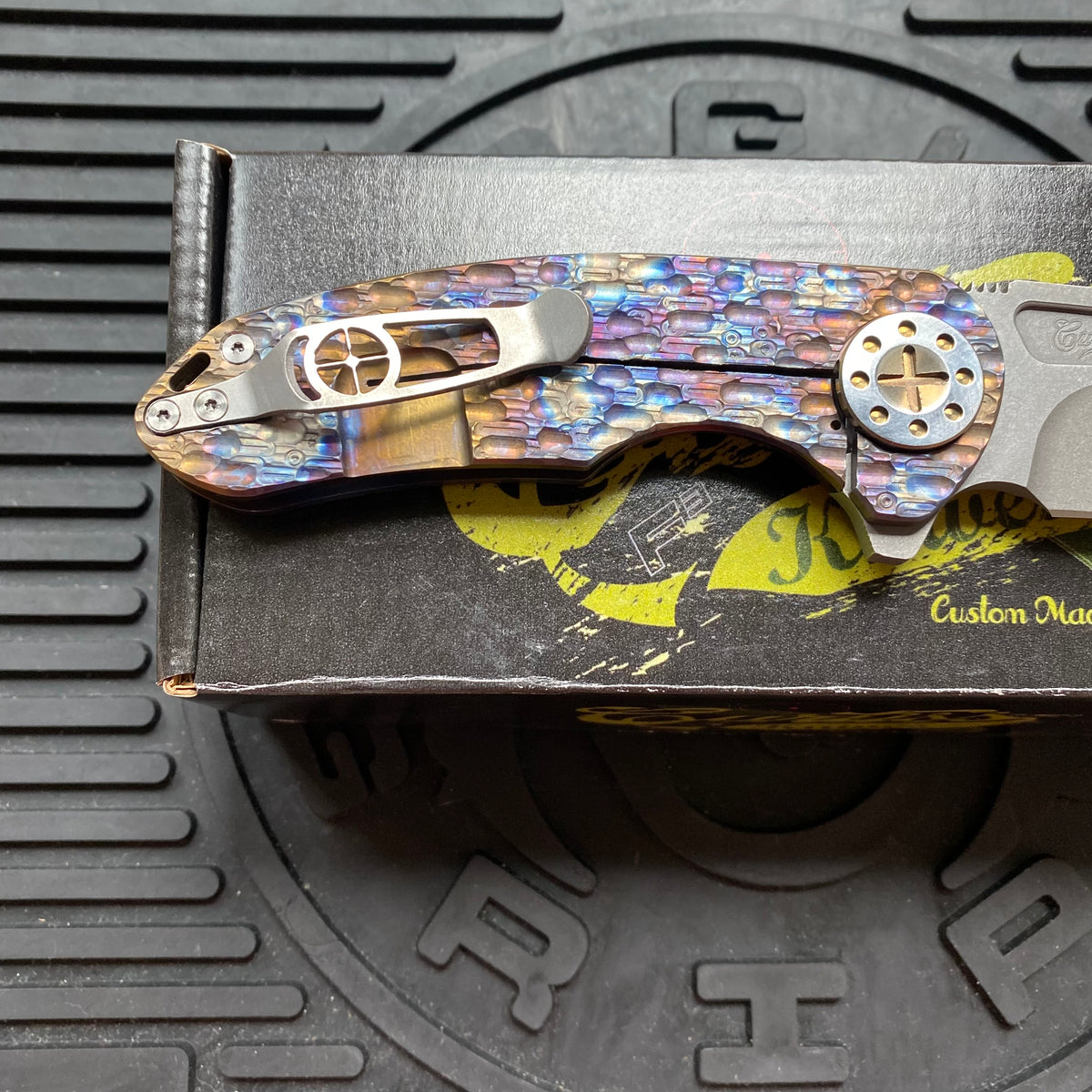Curtiss Custom F3 Medium 3" Slicer Flipper, Torched Titanium FJ-Mill "Dragon Scale", Stonewash Magnacut Folding Knife