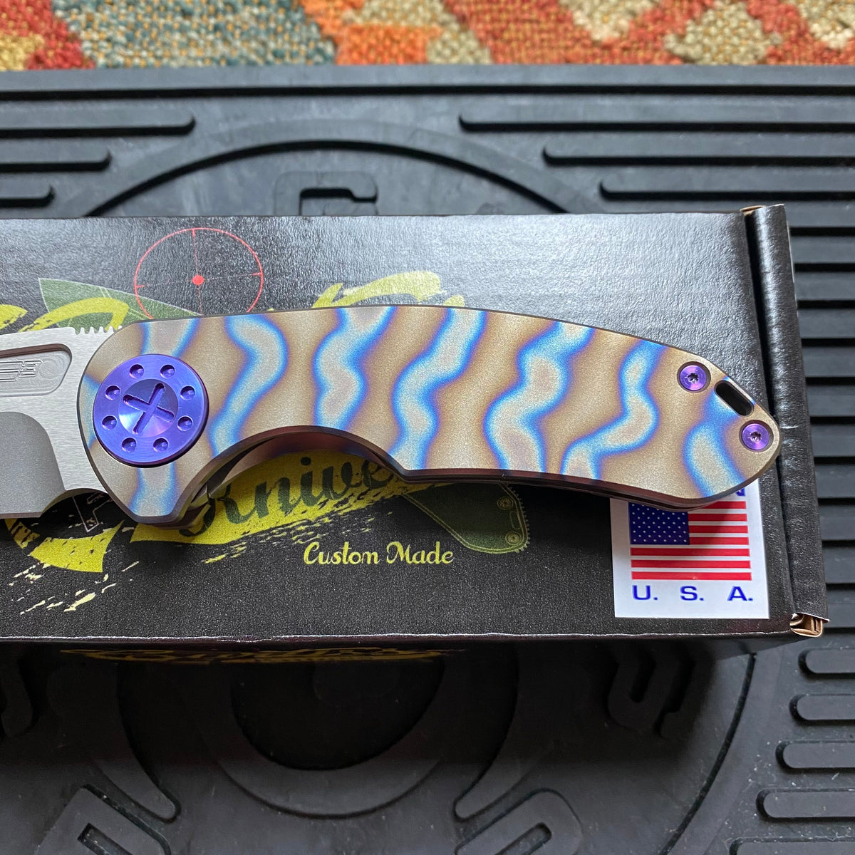 Curtiss Custom F3 Medium 3" Spanto NON-Flipper,Titanium Torched Tiger Striped Handles, Stonewash Magnacut Purple Hardware Folding Knife