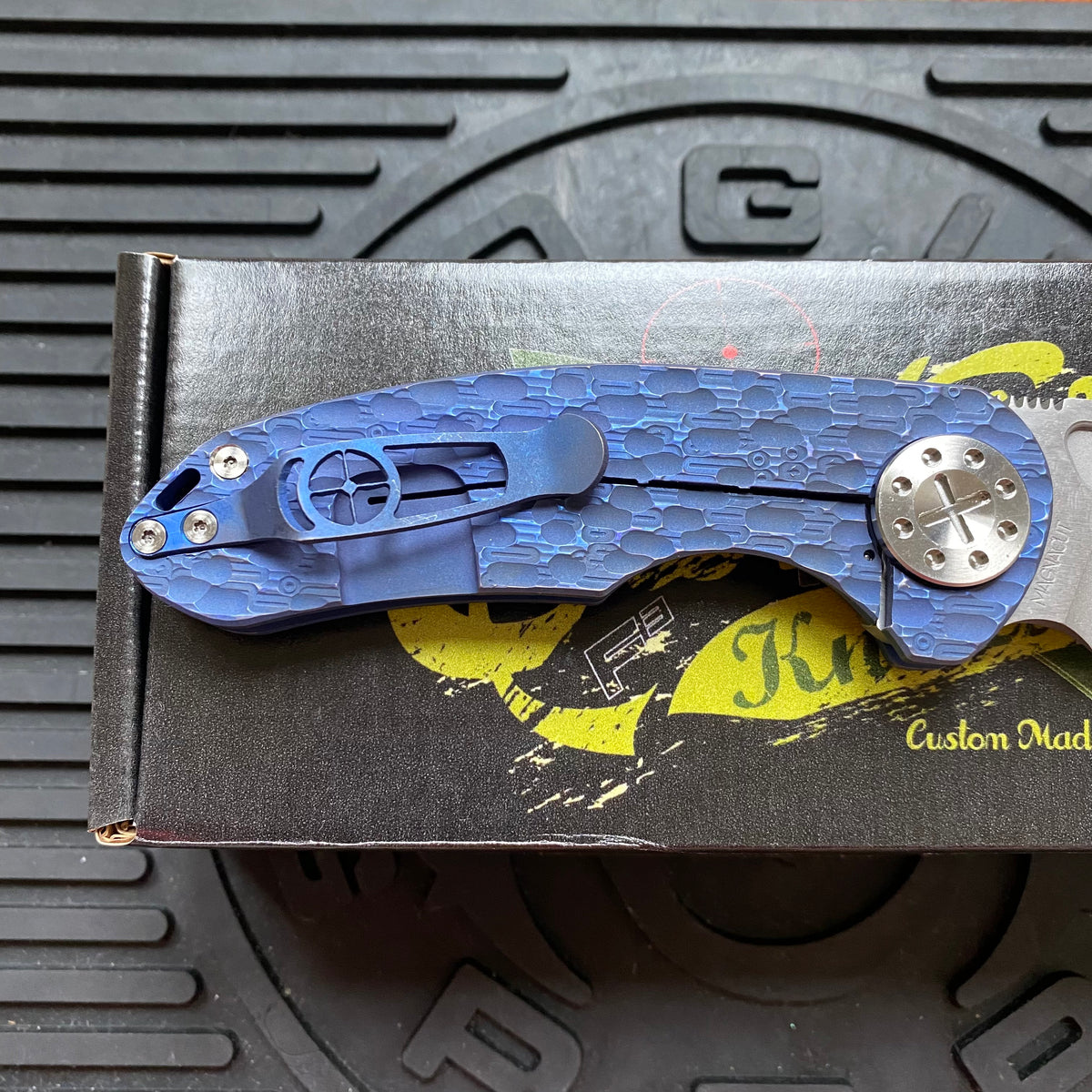 Curtiss Custom F3 Medium 3" Spanto NON-Flipper, Blue Titanium FJ-Mill "Dragon Scale", Stonewash Magnacut Folding Knife