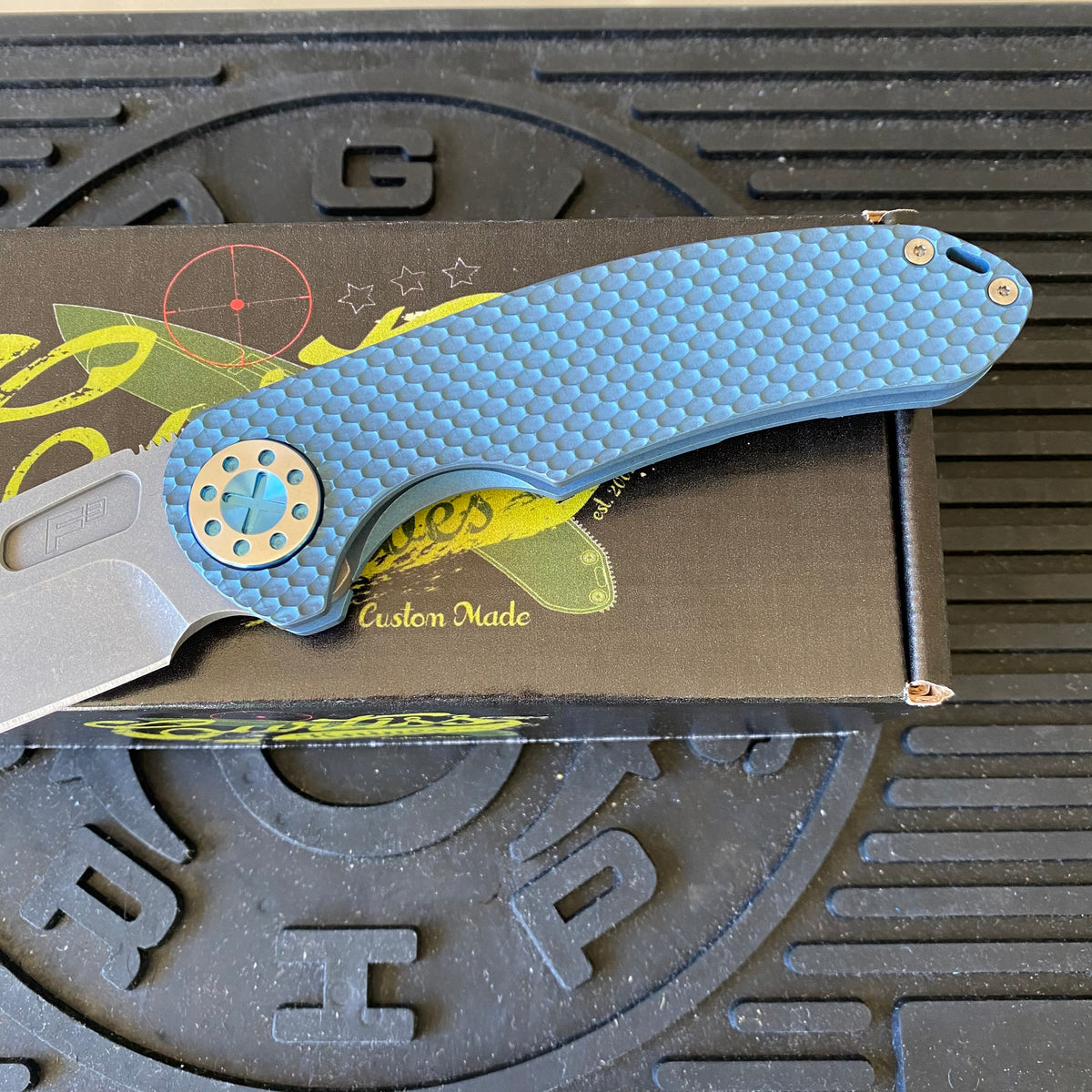 Curtiss Custom F3 Large 3.75" Spanto, Non-Flipper, Titanium Blue Blasted Dragon Scales Handles, Blue Polished Hardware, Magnacut Knife