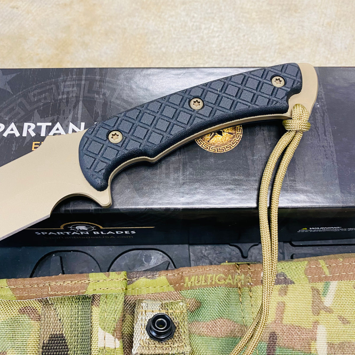Spartan Blades Horkos Flat Hard Earth 5.6" Fixed Blade Knife CE Canvas Micarta Black Handle with MultiCam Molle Sheath SB4DEBKNLMC