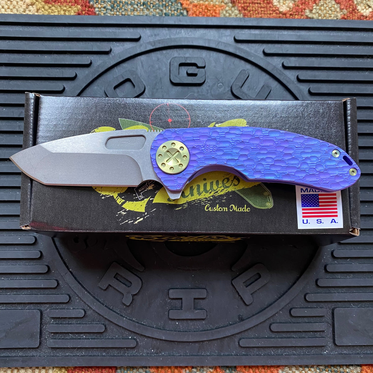 Curtiss Custom F3 Medium 3" Spanto Flipper, Purple Titanium FJ-Mill "Dragon Scale", Stonewash Magnacut, Yellow Titanium Hardware Folding Knife