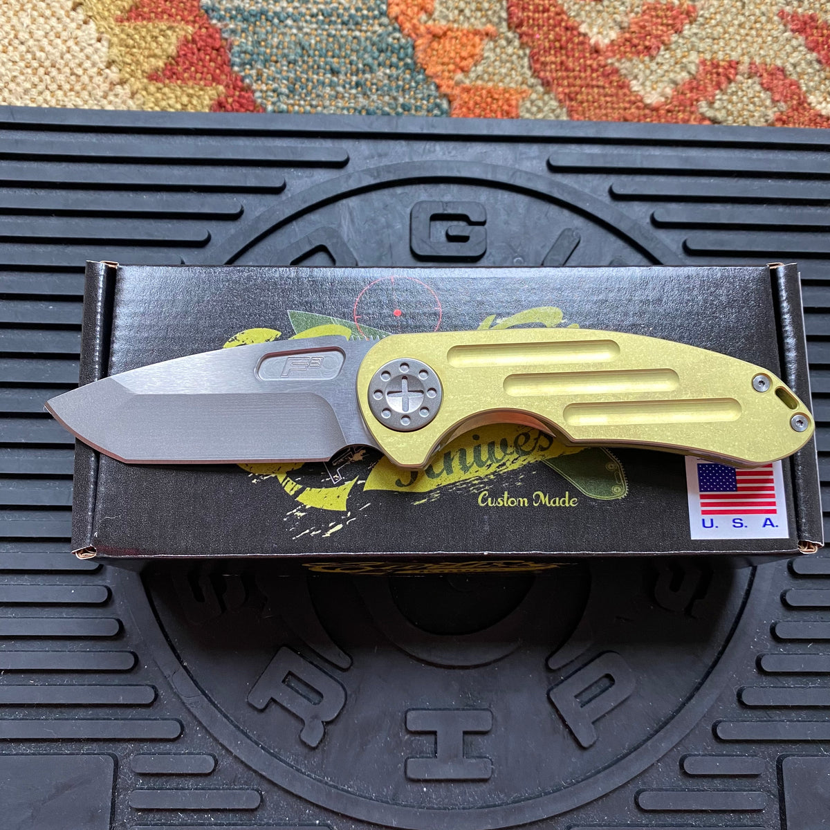 Curtiss Custom F3 Medium 3.25" Spanto NON-Flipper, Yellow Titanium Ball-Mill, Stonewash Magnacut Folding Knife