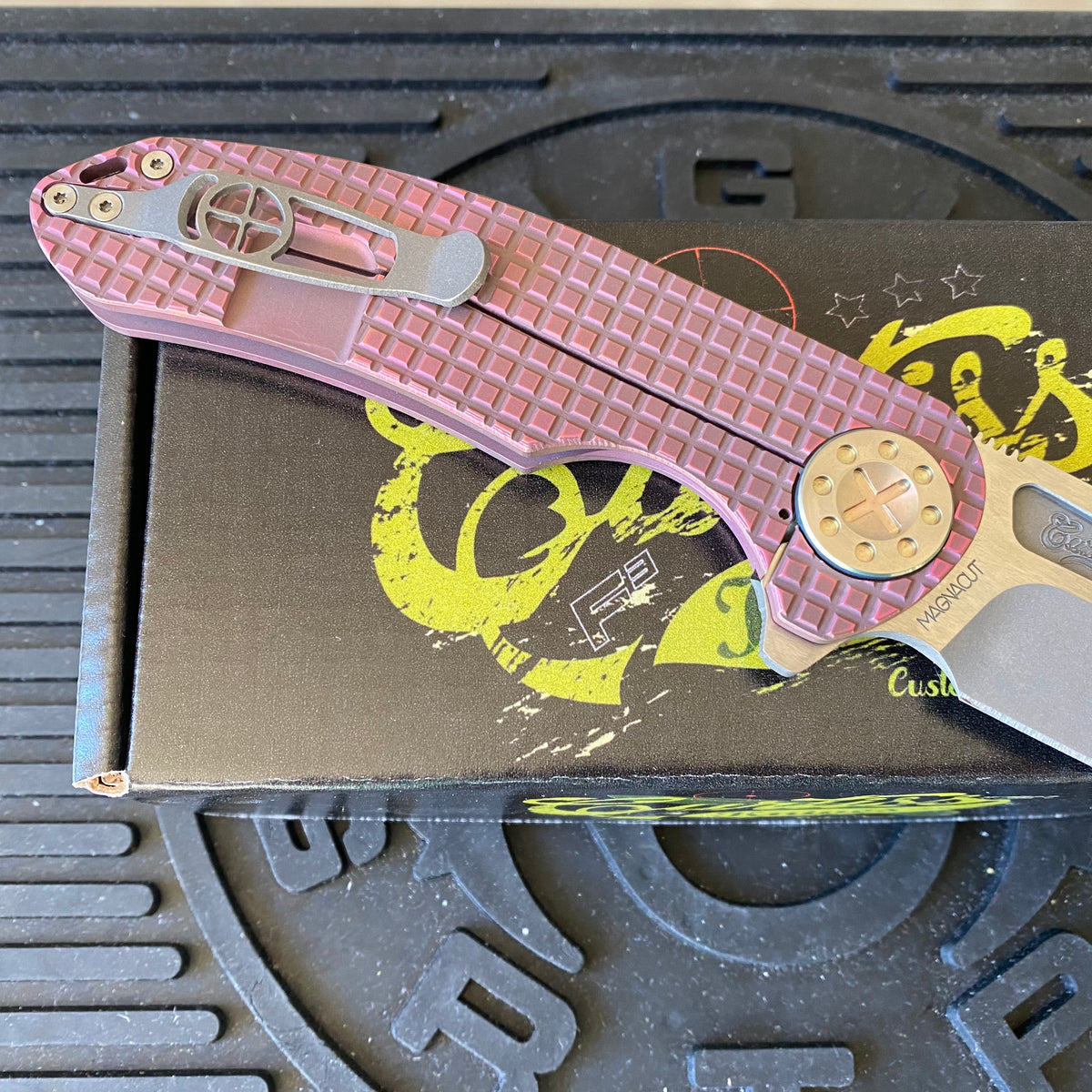 Curtiss Custom F3 Large 3.75" Spanto, Flipper, Titanium Frag Mill Handles, Pink Polished Hardware, Magnacut Knife