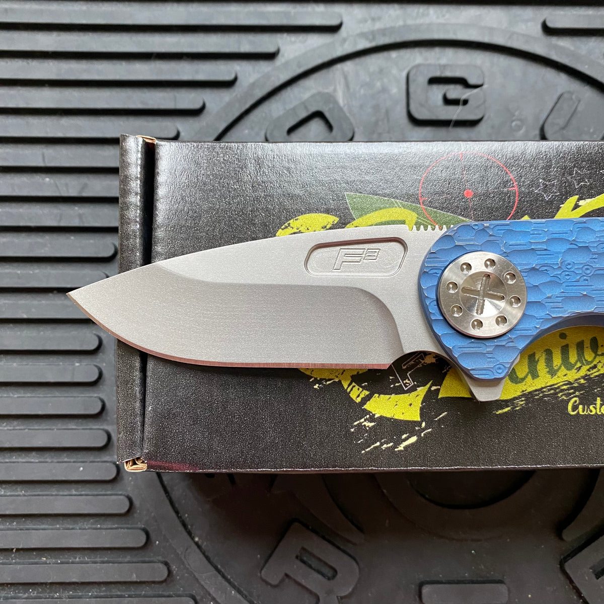 Curtiss Custom F3 Medium 3" Slicer Flipper, Blue Titanium FJ-Mill "Dragon Scale", Stonewash Magnacut Folding Knife