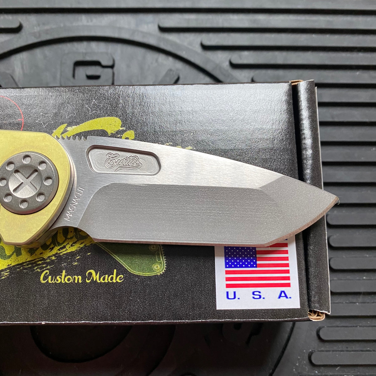 Curtiss Custom F3 Medium 3.25" Spanto NON-Flipper, Yellow Titanium Ball-Mill, Stonewash Magnacut Folding Knife
