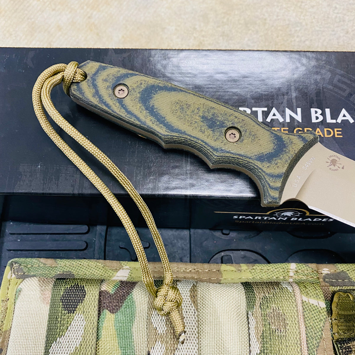 Spartan Blades Harsey Tactical Trout Flat Dark Earth Camo Handles 4.5" Fixed Blade Knife with Multicam Molle Sheath SB43DECMNLMC
