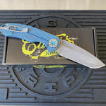 Curtiss Custom F3 Large 3.75" Spanto, Non-Flipper, Titanium Blue Blasted Dragon Scales Handles, Blue Polished Hardware, Magnacut Knife