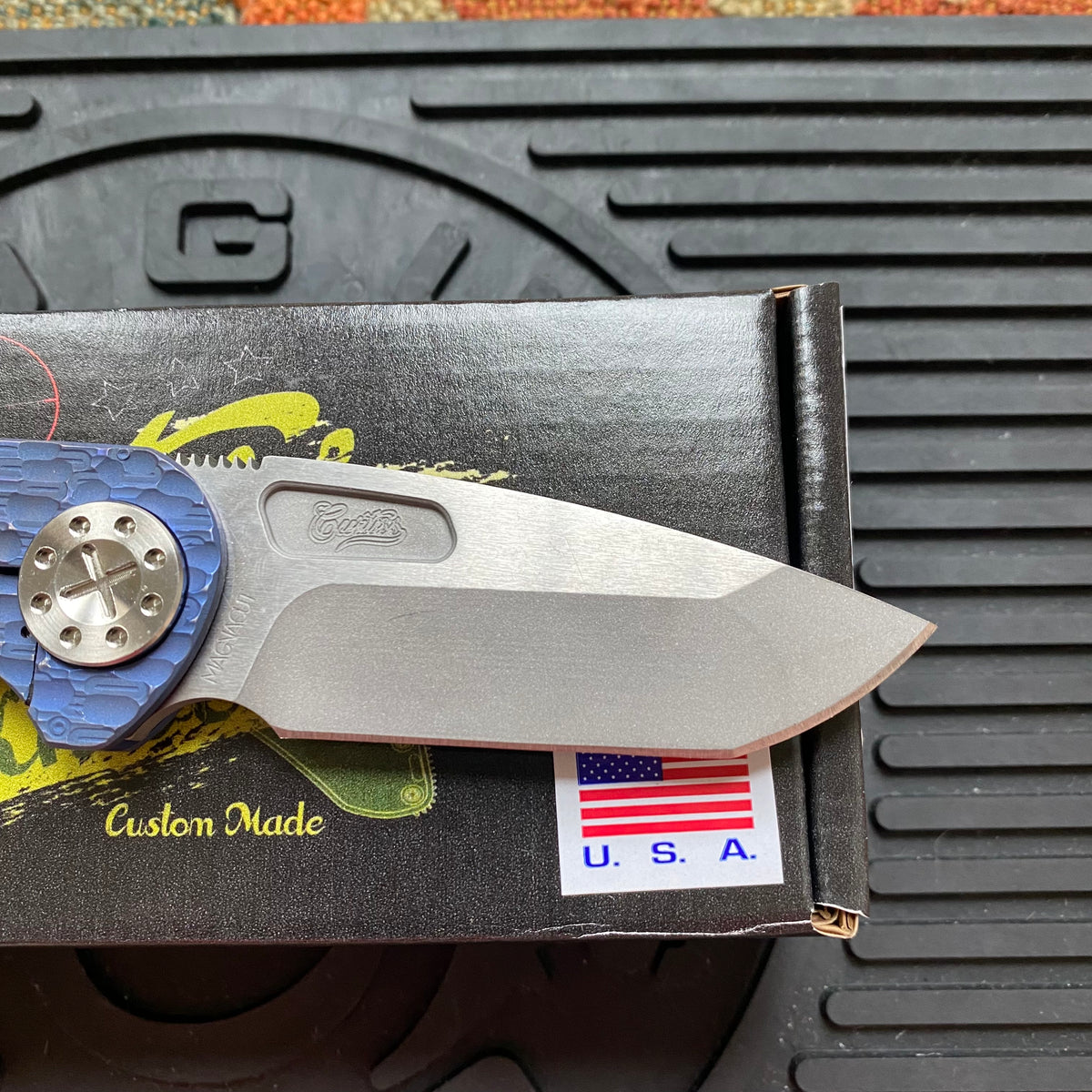Curtiss Custom F3 Medium 3" Spanto NON-Flipper, Blue Titanium FJ-Mill "Dragon Scale", Stonewash Magnacut Folding Knife