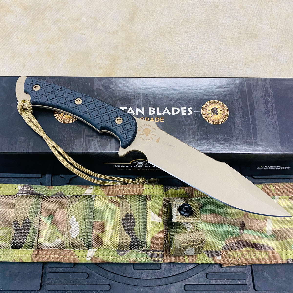 Spartan Blades Horkos Flat Hard Earth 5.6" Fixed Blade Knife CE Canvas Micarta Black Handle with MultiCam Molle Sheath SB4DEBKNLMC