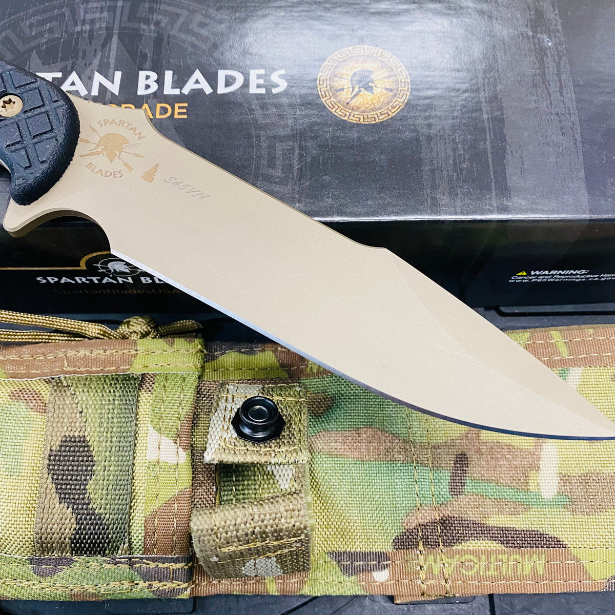 Spartan Blades Horkos Flat Hard Earth 5.6" Fixed Blade Knife CE Canvas Micarta Black Handle with MultiCam Molle Sheath SB4DEBKNLMC