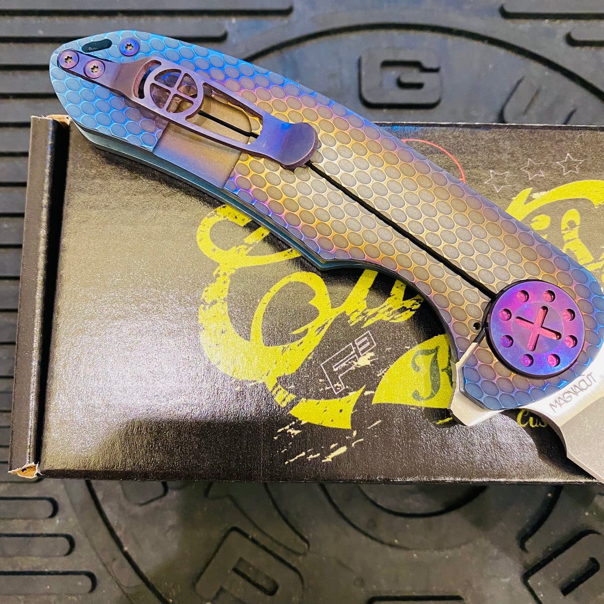 Curtiss Custom F3 Large 3.75" Spanto, Flipper, Titanium Ombre SPM-Mill Handles, Purple Hardware, Magnacut Knife